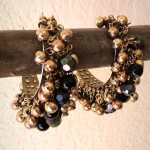 Vintage multi colored metal beaded gold hoops